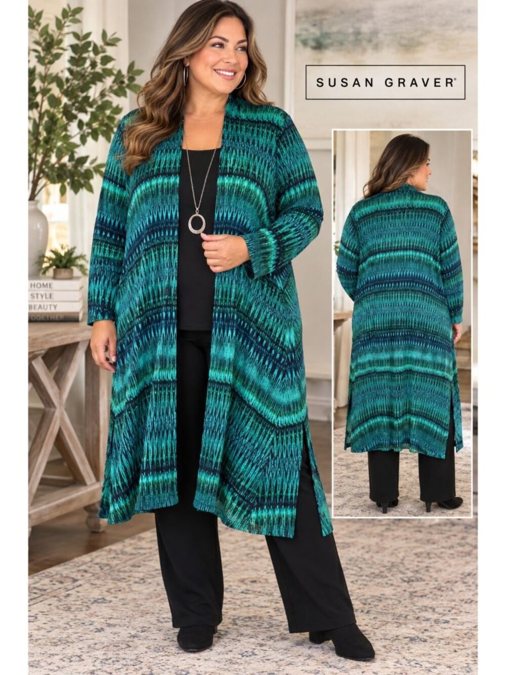 Susan Graver Womens 3X Teal Black Abstract Long Open Cardigan Duster Stretch